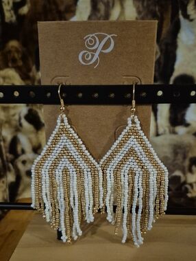 Handmade White and Gold Beaded Fringe Earrings - Brand